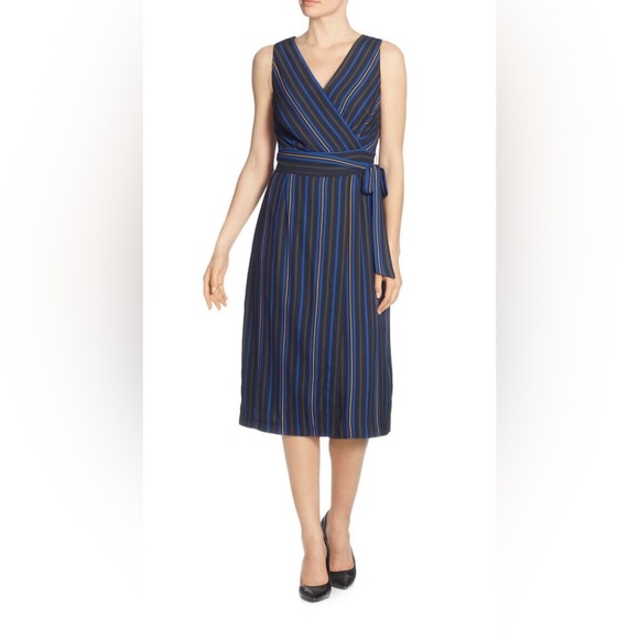 TAHARI Striped Sleeveless Midi Faux Wrap Dress - Picture 1 of 5